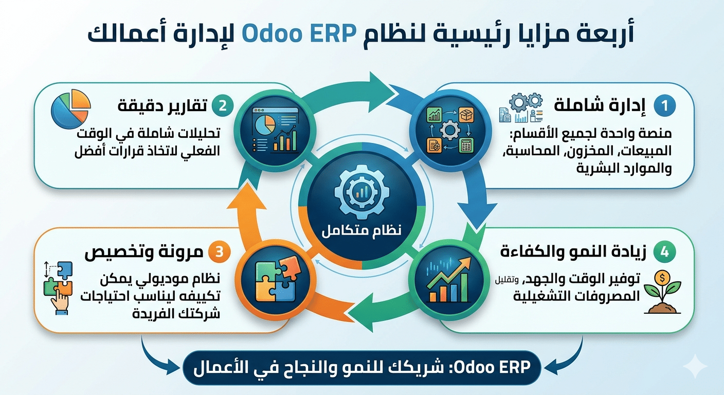 واجهة Odoo ERP لإدارة المبيعات والمخزون والموارد البشرية بكفاءة
