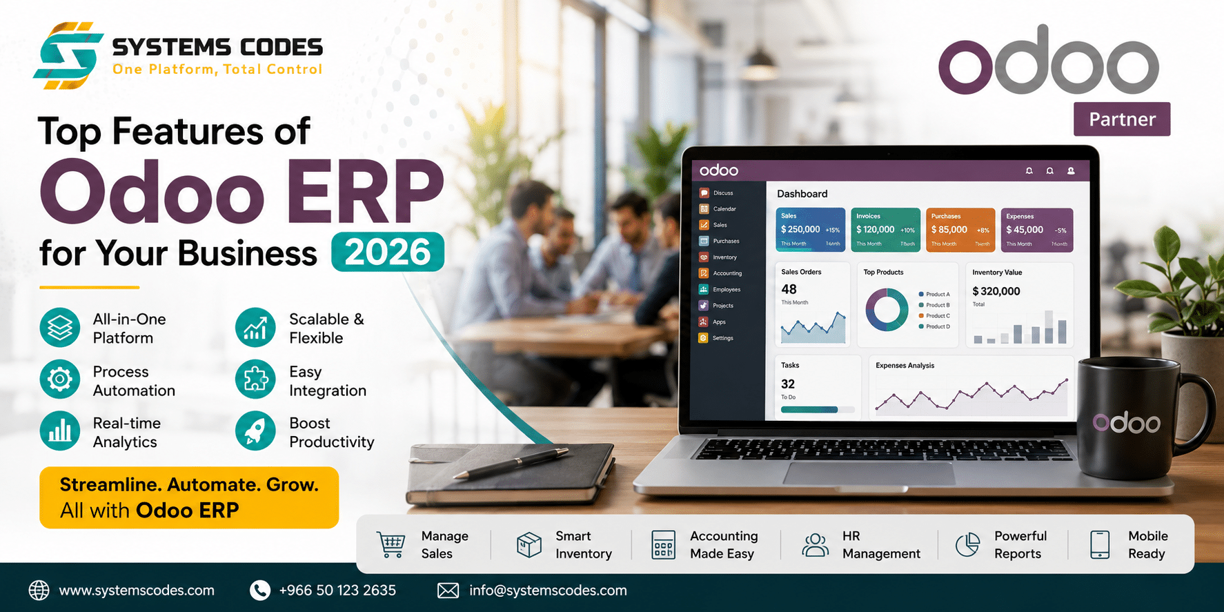 اكتشف أهم مميزات نظام Odoo ERP لتحسين إدارة الأعمال وأتمتة العمليات داخل شركتك.