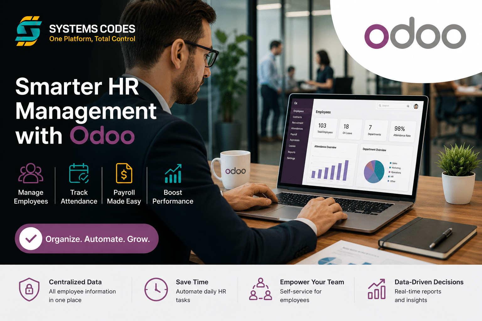 يساعد نظام Odoo HR الشركات على إدارة الموظفين والرواتب والحضور بكفاءة من خلال منصة متكاملة