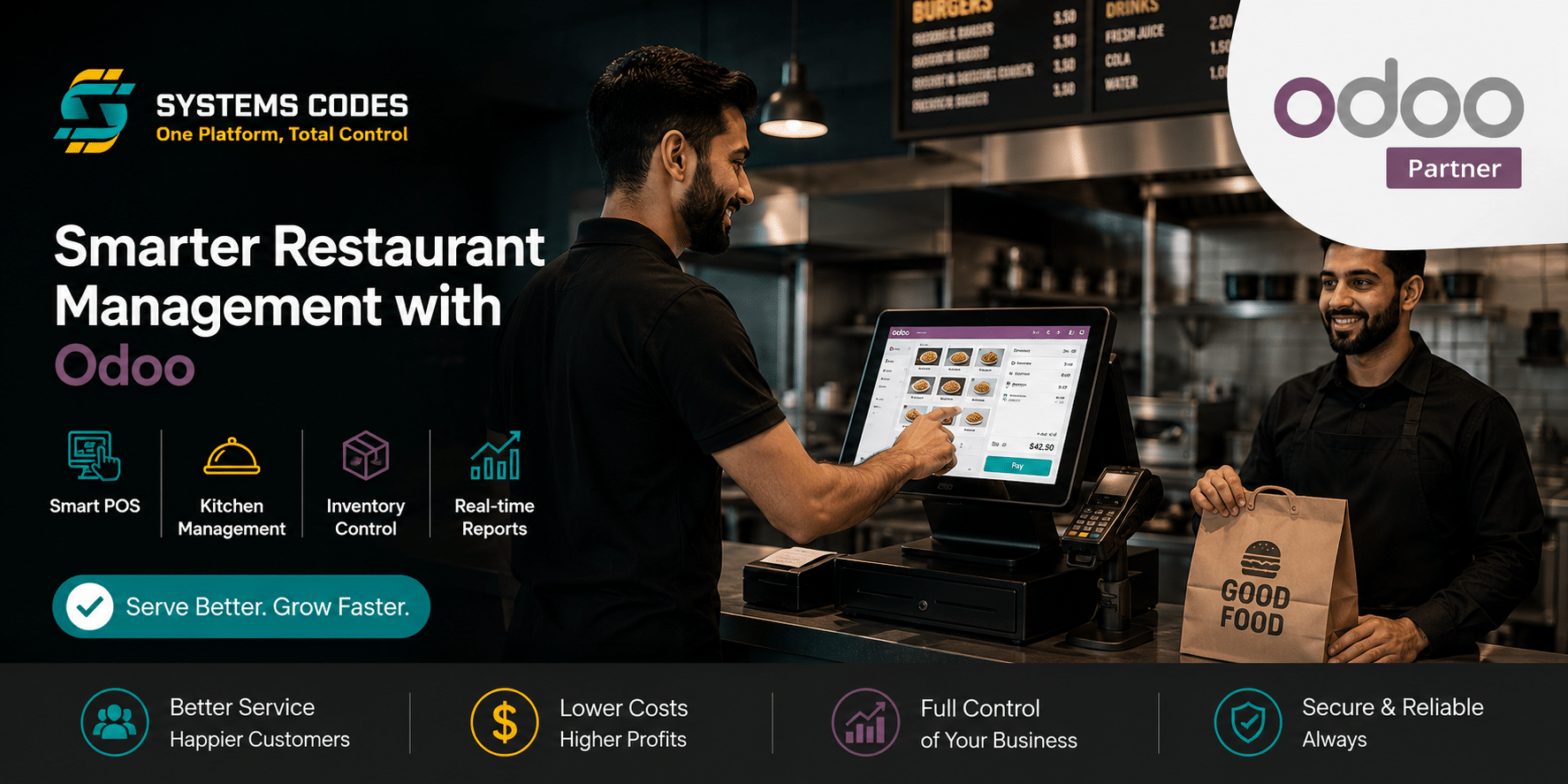 فريق عمل احترافي يستخدم نظام Odoo ERP لإدارة المطاعم والكافيهات داخل بيئة عمل حديثة مع هوية شركة SystemsCodes.