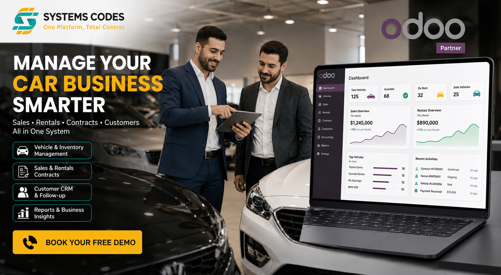 إدارة معارض السيارات عبر Odoo 2026 | 7 حلول ذكية للمبيعات والتأجير
