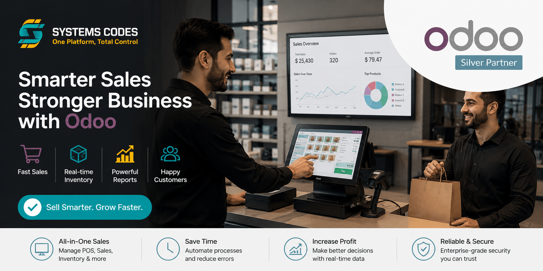 صورة احترافية لفريق عمل رجال داخل شركة تقنية يستخدمون نظام Odoo لإدارة المبيعات ونقاط البيع مع ظهور شعار SystemsCodes وشعار Odoo Silver Partner في بيئة عمل حديثة