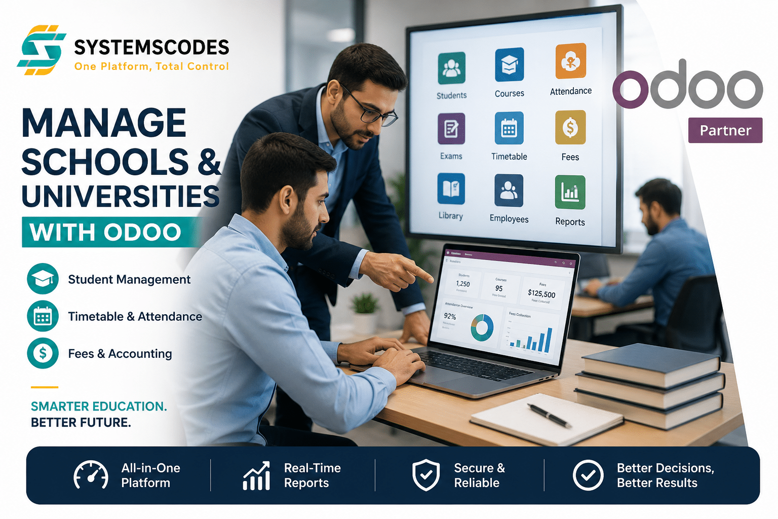 يساعد Odoo ERP المدارس والجامعات على إدارة الطلاب والرسوم والجداول والعمليات التعليمية في نظام واحد متكامل.