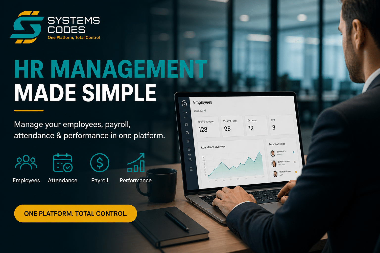 نظام إدارة الموارد البشرية عبر Odoo في السعودية يعرض لوحة تحكم للموظفين والرواتب والحضور