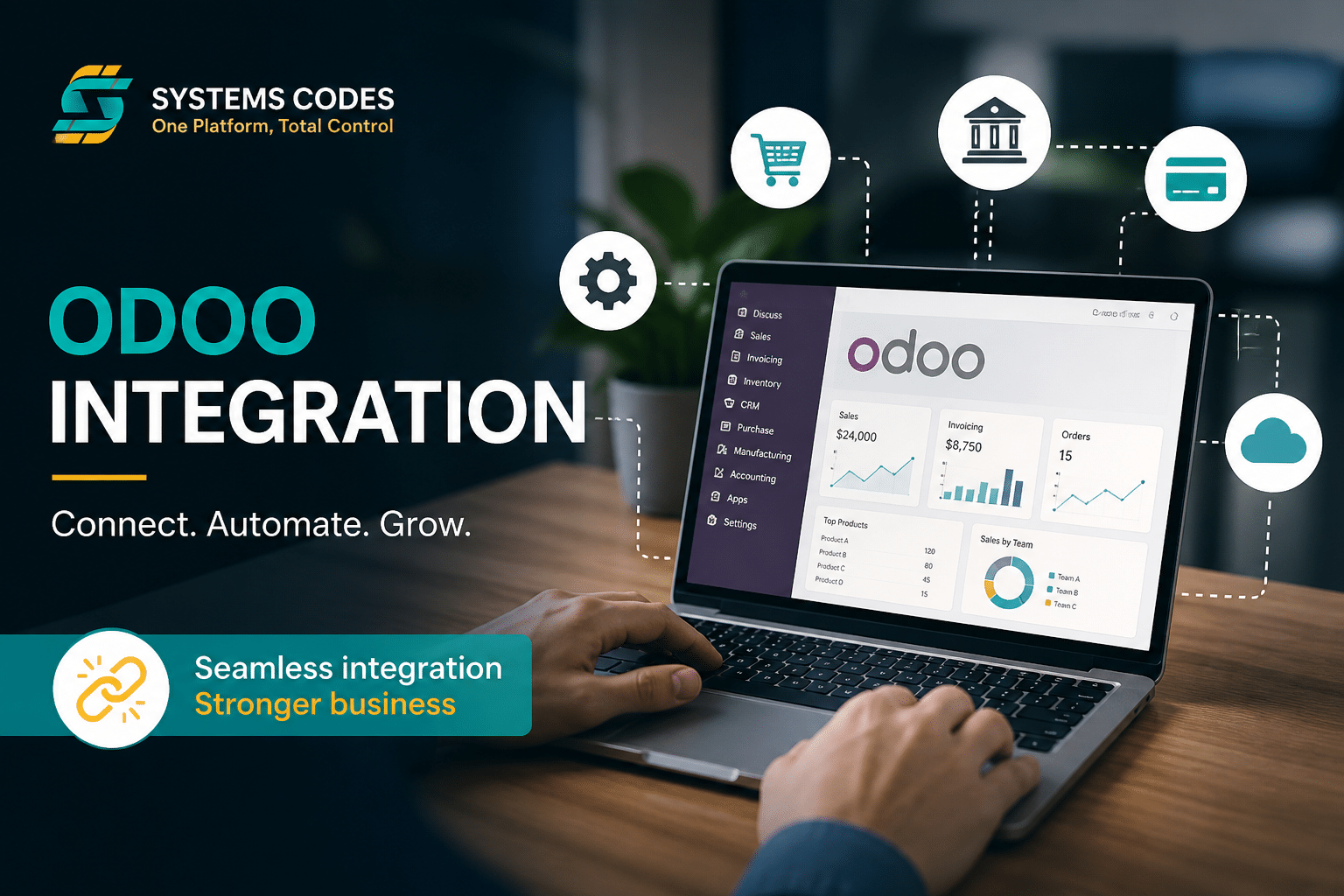 صورة توضح ربط نظام Odoo مع الأنظمة الخارجية من خلال لوحة تحكم على لابتوب مع أيقونات تمثل التكامل الرقمي بين الأنظمة