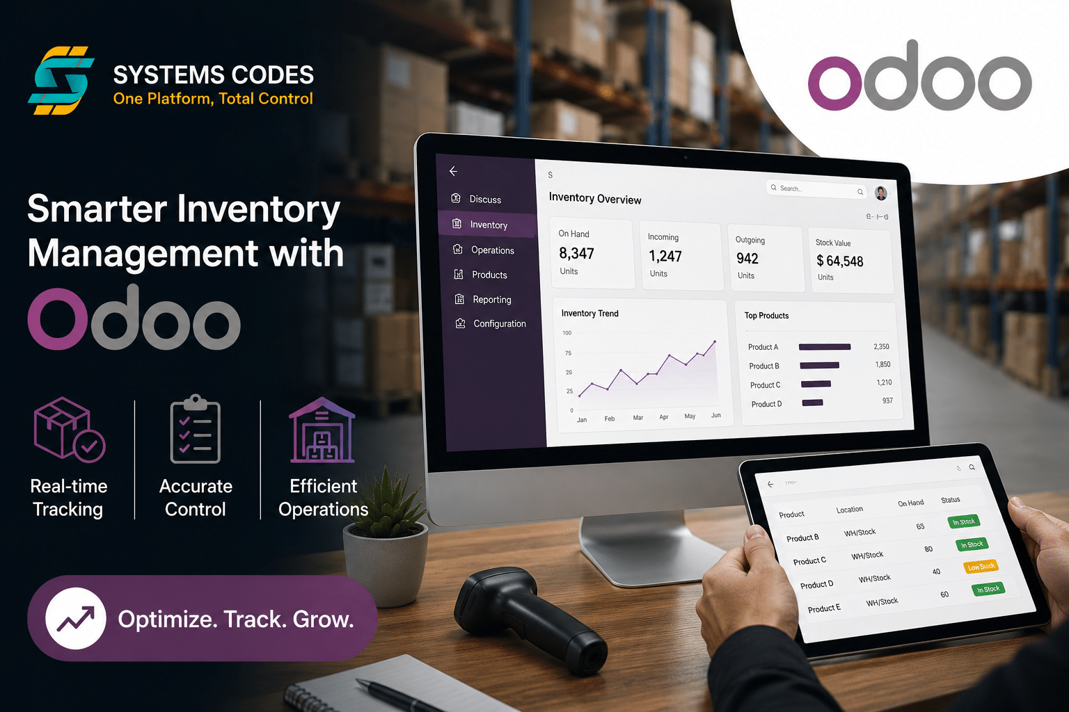 صورة توضح نظام Odoo لإدارة المخزون على شاشة لابتوب مع عناصر بصرية تعبر عن تتبع المنتجات وتنظيم العمليات داخل المخازن