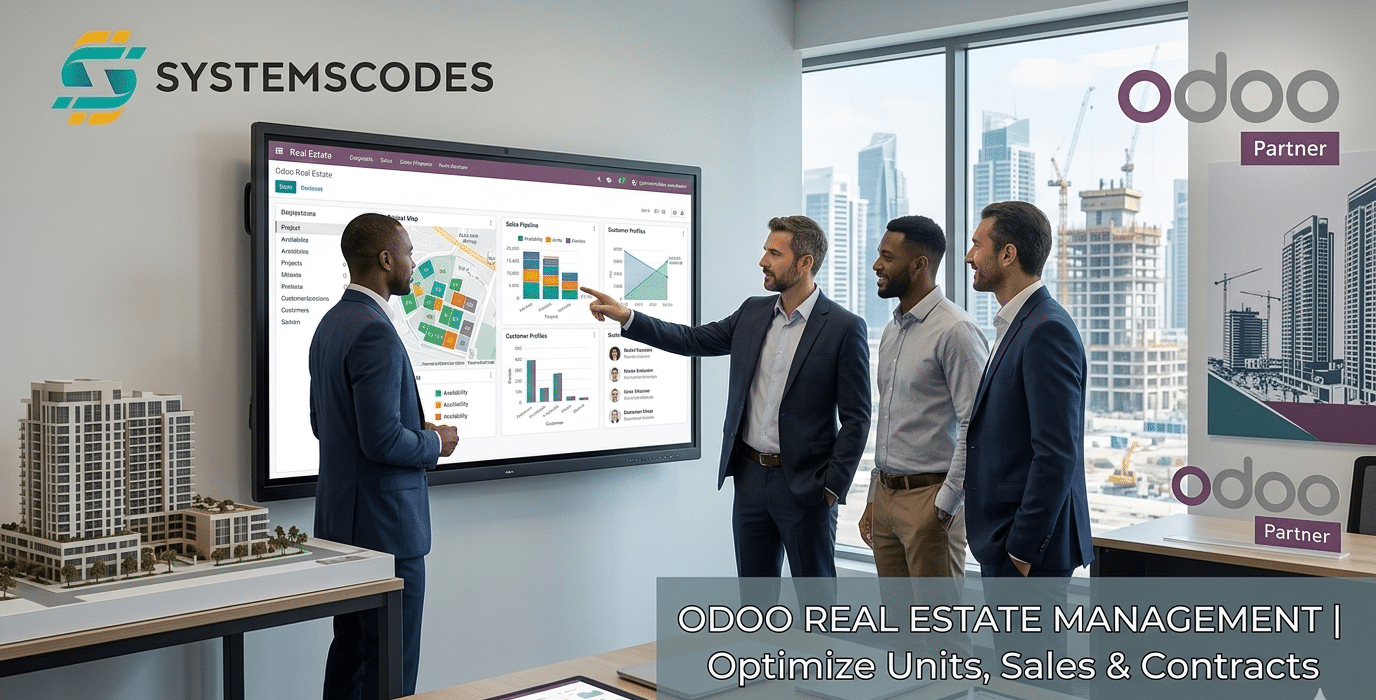 اكتشف كيف يساعد نظام Odoo شركات العقارات على إدارة الوحدات والمبيعات والعملاء والعقود والإيجارات بطريقة احترافية وأكثر كفاءة.